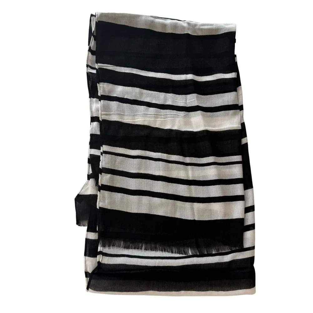 Kate Spade New York Scarf Black White‎ Striped Viscose Lightweight Wrap Shawl